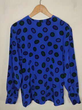Vintage Silk Long-Sleeve Blouse, Size 8 Womens, Polka Dot, Blue, Green, 90's